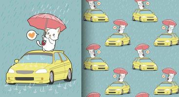 Seamless kawaii cat protecting the car pattern vector