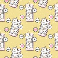 Seamless kawaii cat characters in mobile phone pattern vector