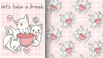 Seamless kawaii cats with a pink cup pattern vector