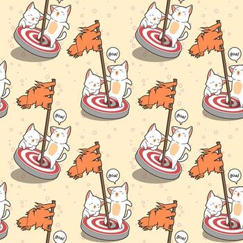 kawaii gato sosteniendo la bandera y de pie en el patrón de escenario vector