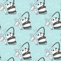 Seamless fisherman panda and cute cats character pattern vector