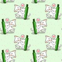 Seamless kawaii cat characters and green candle stick pattern vector