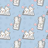 Seamless kawaii cats with smart phone pattern vector