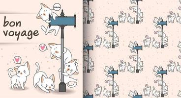 Seamless kawaii cats and guidepost pattern vector