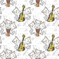 Personajes de gato kawaii con patrón de batería y guitarra vector