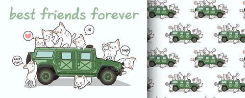 Seamless kawaii cat characters and military vehicle pattern vector