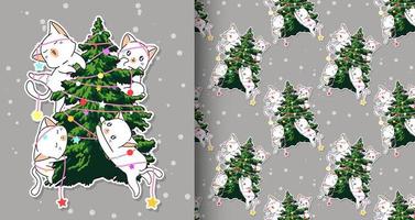 personajes de gatos adorables sin fisuras con patrón de árbol de navidad vector