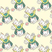 Seamless kawaii cats and samurai helmet pattern vector