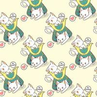 Seamless kawaii cats and samurai helmet pattern vector