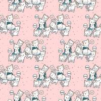 Seamless kawaii cat characters on bench pattern vector