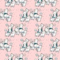 Seamless kawaii cat characters on bench pattern vector