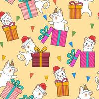 personajes de gatos adorables sin fisuras y patrón de cajas de regalo vector