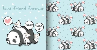 Seamless kawaii panda and cat characters pattern vector