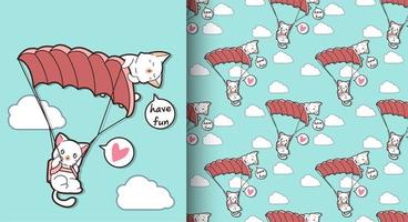 Seamless kawaii cats flying with parachute pattern vector