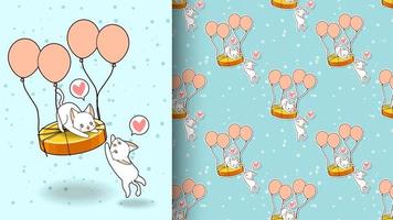 Adorable cat flying on golden coin with balloons pattern vector