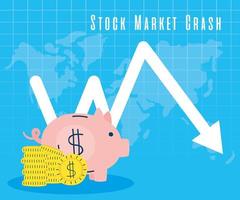 Piggy savings with arrow down, stock market crashing vector