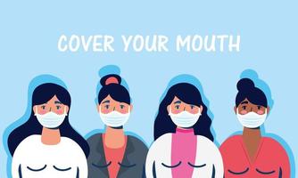 Women with face masks and cover your mouth lettering vector