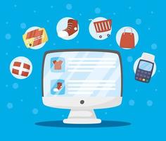 Desktop with online shopping technology vector
