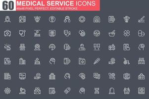 conjunto de iconos de línea delgada de servicio médico vector