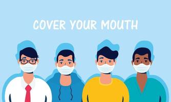 Men with face masks and cover your mouth lettering vector