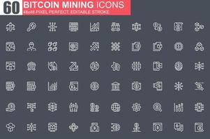 bitcoin, minería, línea fina, icono, conjunto vector