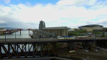 Drone Footage of Bridge as Trains and Cars Pass video