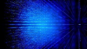 Three dimensional cubic grid formed with glowing dots spinning on dark blue background video