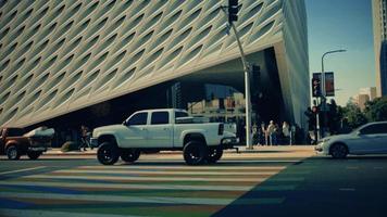 Panning shot going left of The Broad Art Gallery at Los Angeles in 4K video