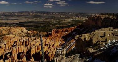 Horizontal panning shot of a red canyon and a valley with trees in 4K video