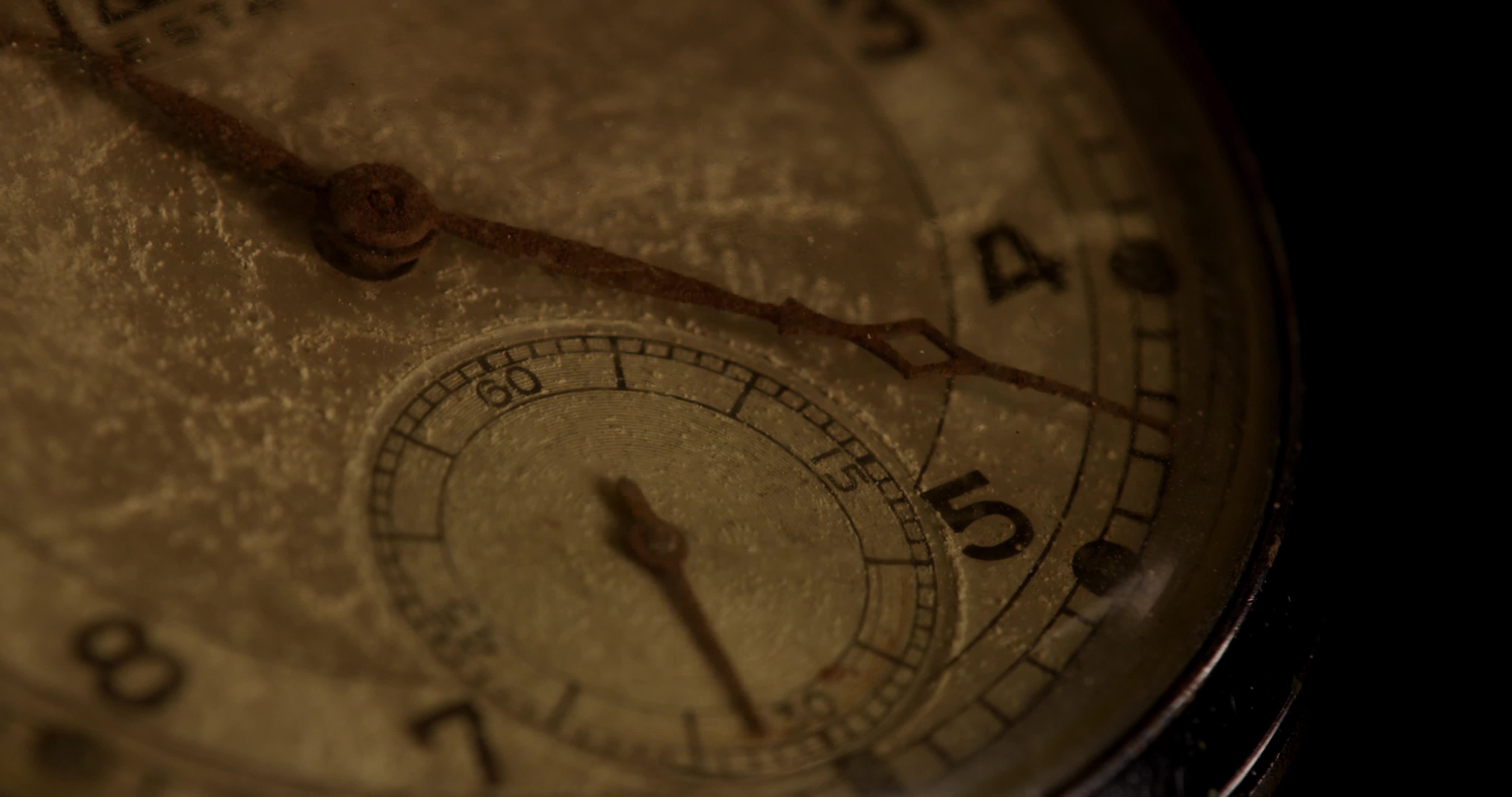 Extreme close up shot of clock hands moving from 1120 to 1200 in 4K
