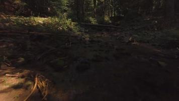 Flying Over Backwards A Creek With Small Waterfall In 4K video