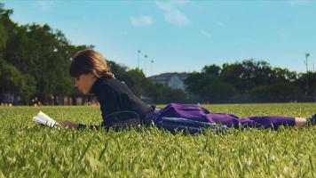 een lage hoek shot van vrouw rusten in het gras en ontspannen met een boek video