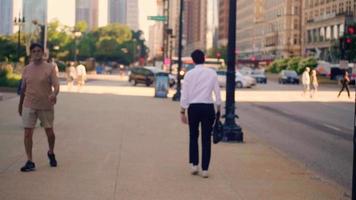 La gente caminando en Grant Park en Chicago con rascacielos en segundo plano. video