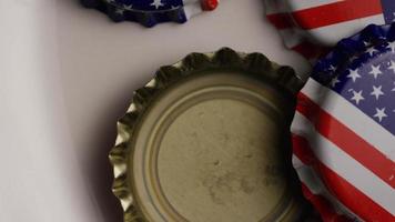 Rotating shot of bottle caps with the American flag printed on them - BOTTLE CAPS 028 video