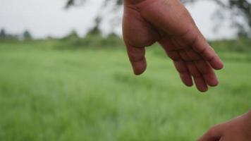 Close up hand of the father holding the daughter hand in slow motion scene video