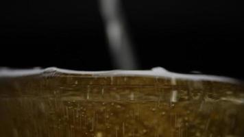 Beer is pouring into glass with foam sliding down side of beer glass video