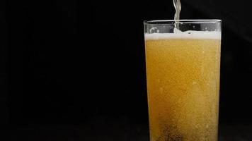 Beer is pouring into glass with foam sliding down side of beer glass video