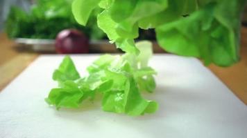 rallentatore - Chiuda in su del capo uomo che fa insalata cibo sano e tritare lattuga sul tagliere in cucina. video