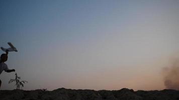 jongen loopt in een veld en speelt met een houten speelgoedvliegtuig in zijn handen bij zonsondergang video