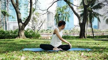 joven mujer asiática yoga al aire libre mantenga la calma y medite mientras practica yoga para explorar la paz interior. video