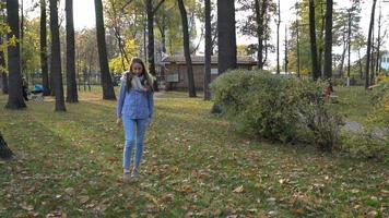 hermosa joven lleva bufanda tejida y caminar en el parque de otoño. Movimiento de video 4k