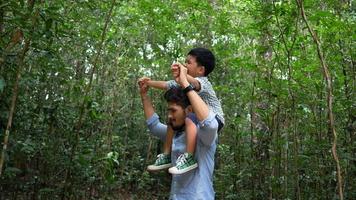 pai e filho se divertem na natureza. video
