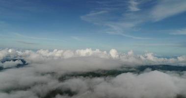 Flygfoto vidsträckt synvinkel berg med frodiga träd och dimmiga moln video