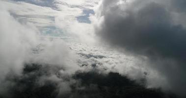 Luftbild Weitwinkel Berg mit üppigen Bäumen und nebligen Wolken video