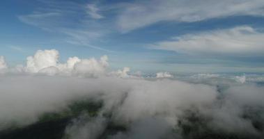 Aerial view wide shot point of view mountain with lush trees and foggy clouds video