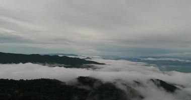 Aerial view wide shot point of view mountain with lush trees and foggy clouds video