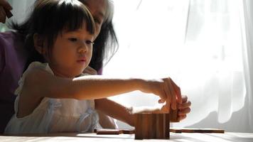 Grandmother And Granddaughter Play With Jenga Blocks video