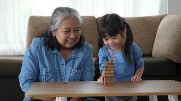 grootmoeder en kleindochter spelen met jengablokken video