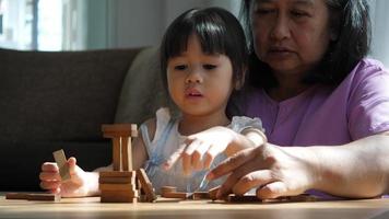 Grandmother And Granddaughter Play With Jenga Blocks