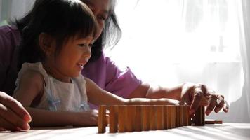 Grandmother And Granddaughter Play With Jenga Blocks